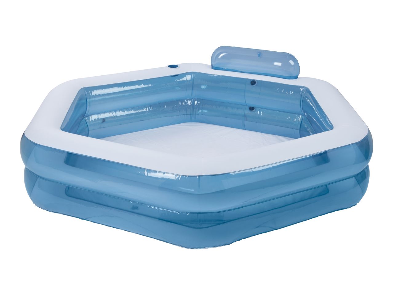 Blue and white inflatable hexagonal swimming pool with a headrest