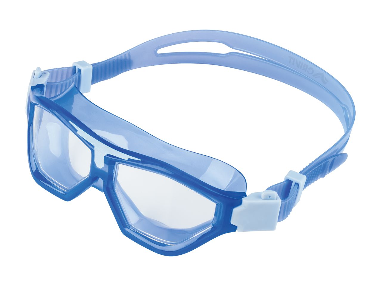 Blue swimming goggles with clear lenses and adjustable strap.