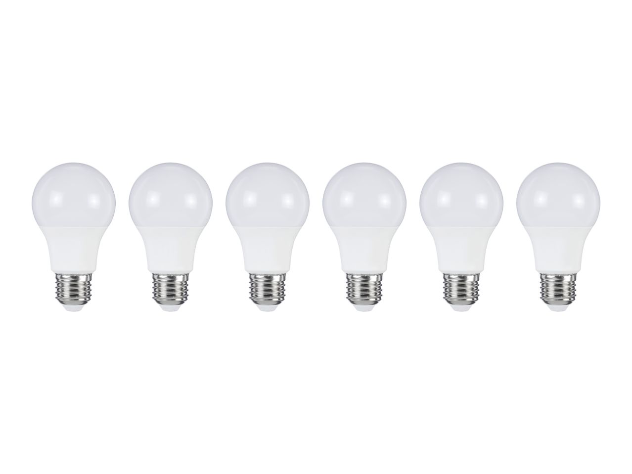 Six white LED light bulbs with screw bases arranged in a row.