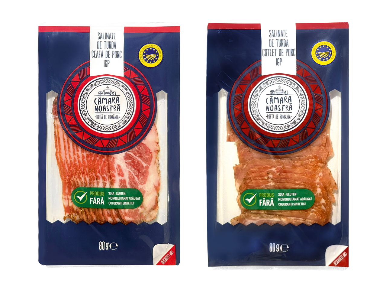 Două pachete de Salinate de Turda, ceafă și cotlet de porc, marca Cămara Noastră, 80g.