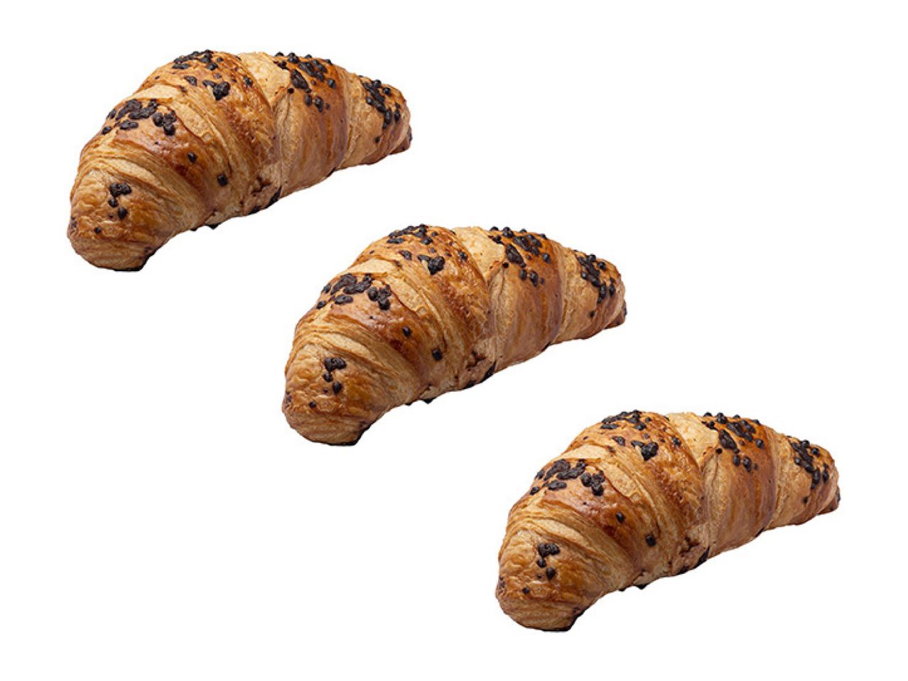 Three chocolate croissants with a golden-brown crust and scattered chocolate chips.