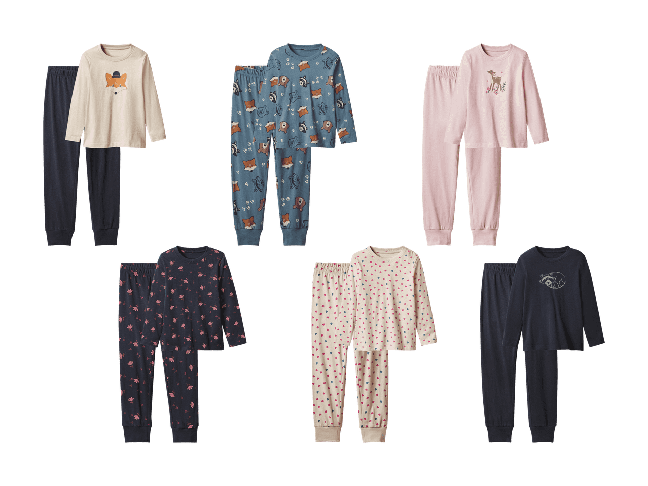 Sechs Kinderpyjama-Sets in verschiedenen Farben und Mustern, darunter Tier- und Blumendesigns.