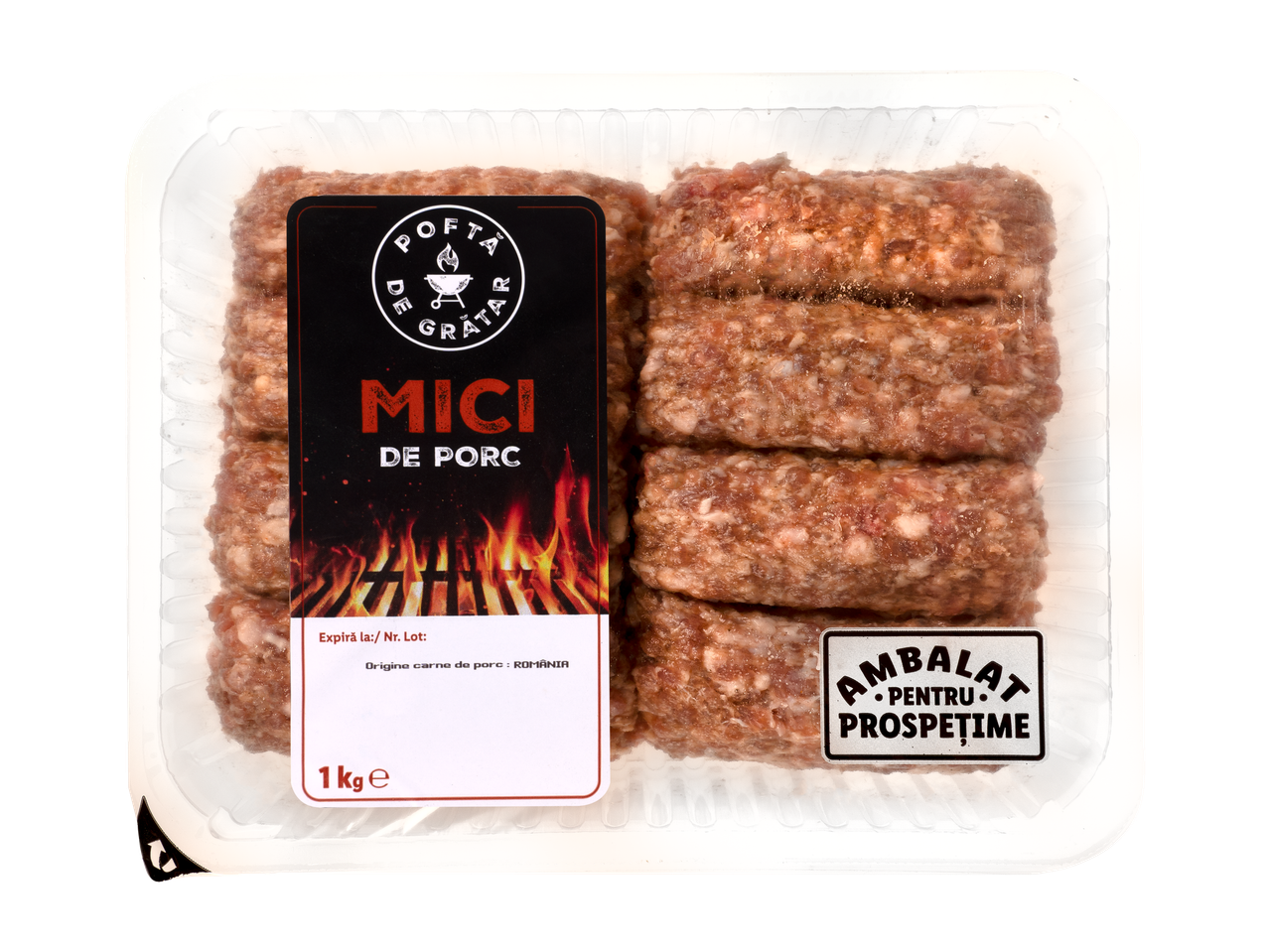 Pachet de mici de porc cu etichetă indicând greutatea de 1 kg.