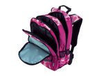Pink floral backpack with multiple open compartments and a light blue lining.