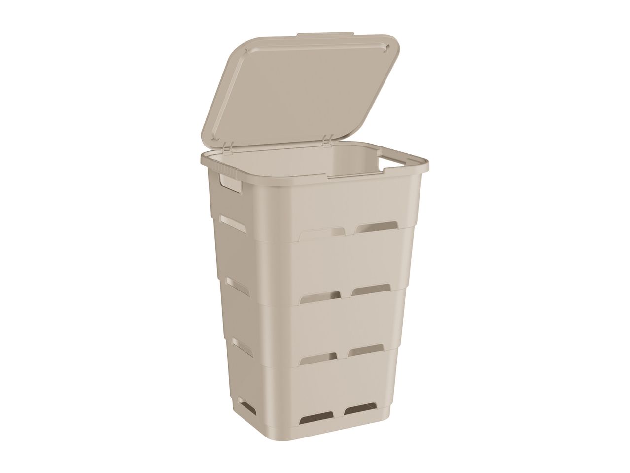 Beige plastic laundry hamper with lid open.