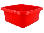 Bacia quadrada de plástico vermelho com bordas reforçadas para uso doméstico.
