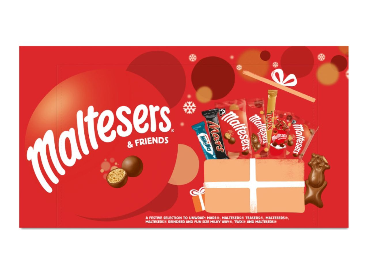 Maltesers & Friends chocolate selection box with Mars, Milky Way, Twix, and Maltesers.