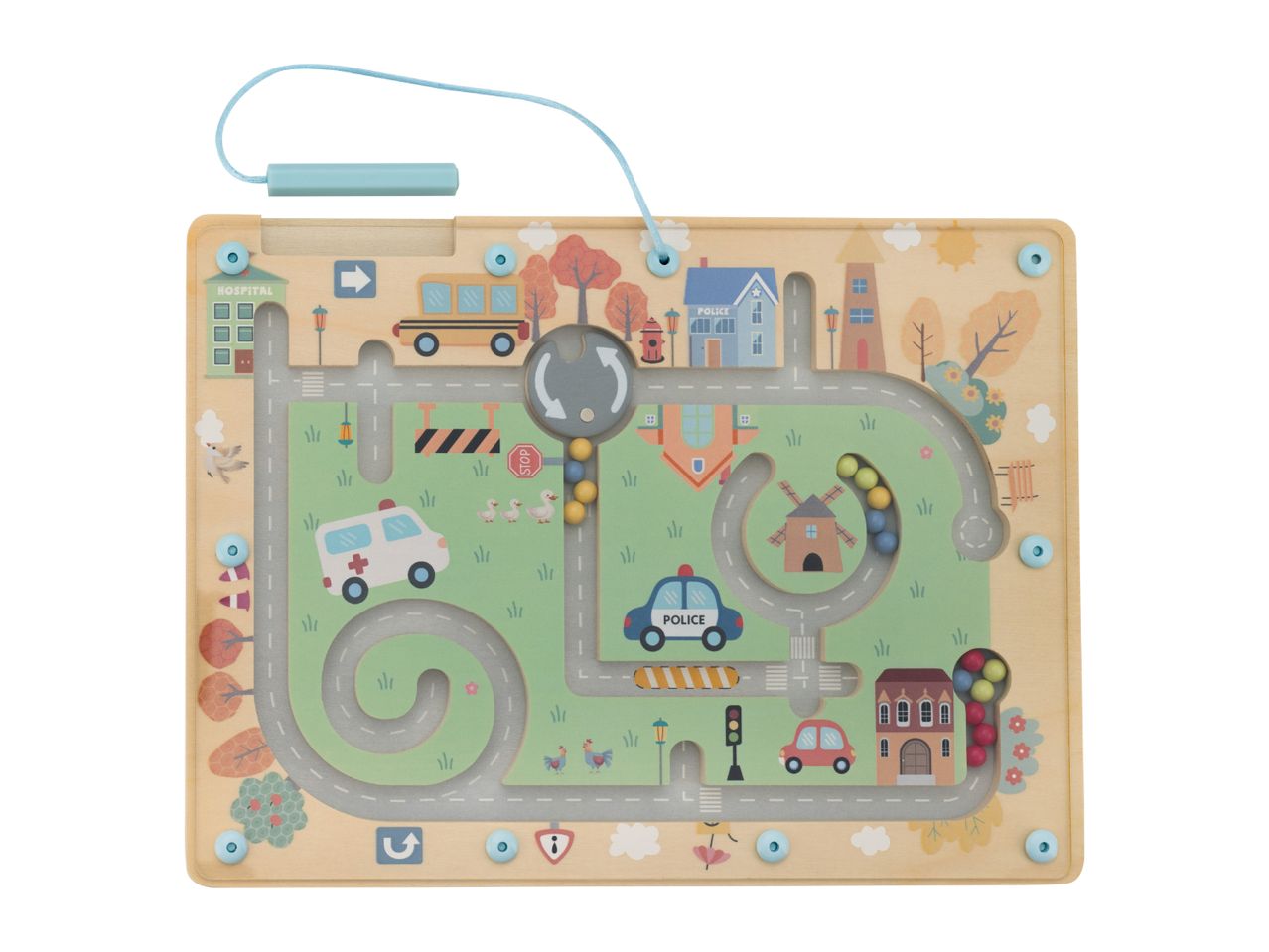Wooden magnetic maze board with a city road map, vehicles, and buildings.