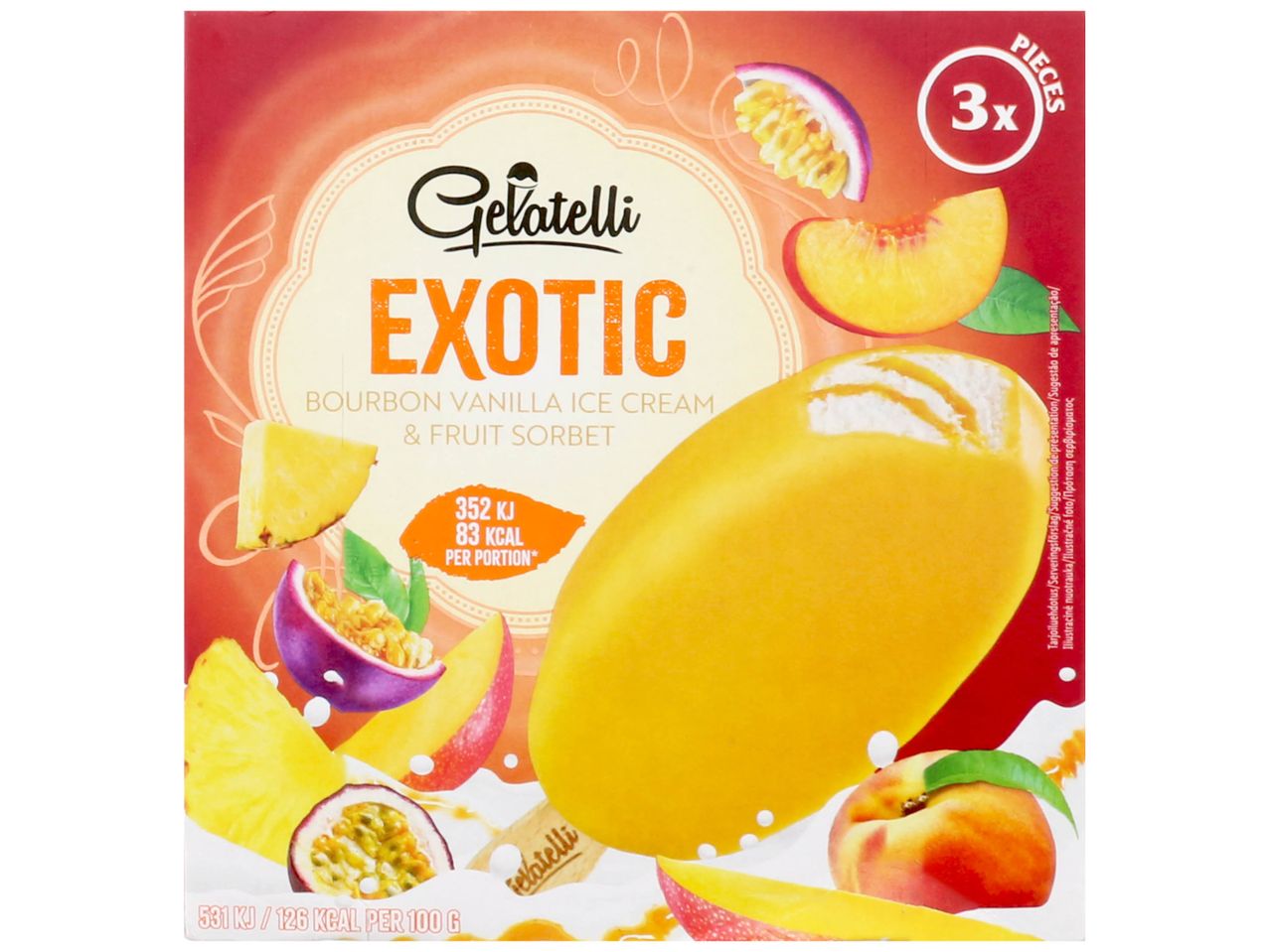 Glaces Gelatelli Exotic: glace à la vanille bourbon et sorbet aux fruits.