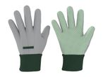 Pair of grey and green gardening gloves, one showing the palm with green dots.