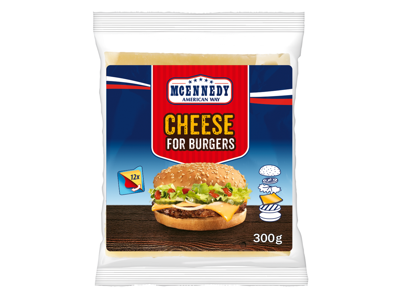 Fromage pour burgers en tranches, emballage de 300g avec un burger et des ingrédients.