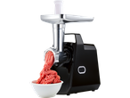 Tritacarne elettrico nero con carne macinata che cade in una ciotola.