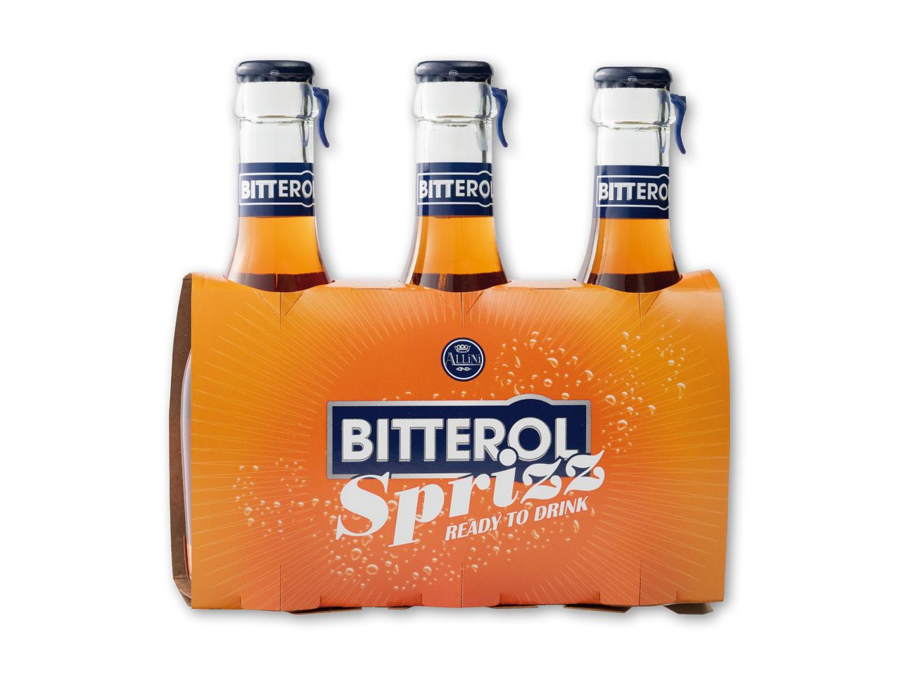 En firerpakke af Allini Bitterol Spritz, klar til at drikke.