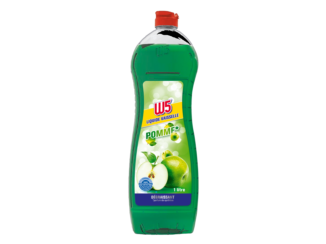 Liquide vaisselle W5 Pomme, 1 litre, formule dégraissante sans microplastique.