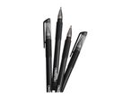 Four black gel pens with clear caps and textured grips, arranged diagonally.