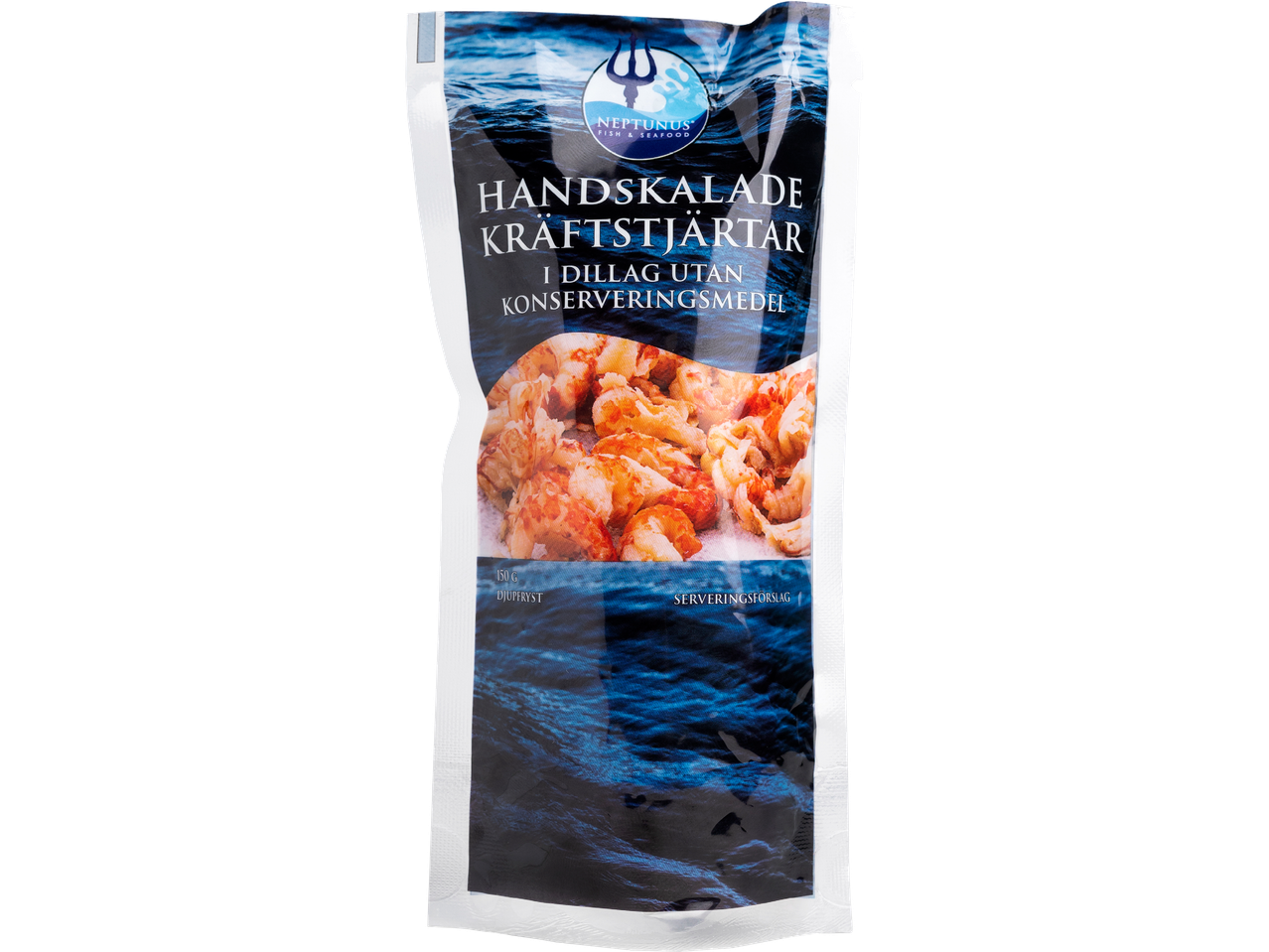 Paket med handskalade kräftstjärtar.