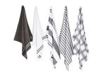 Set of five hanging kitchen towels in grey and white patterns