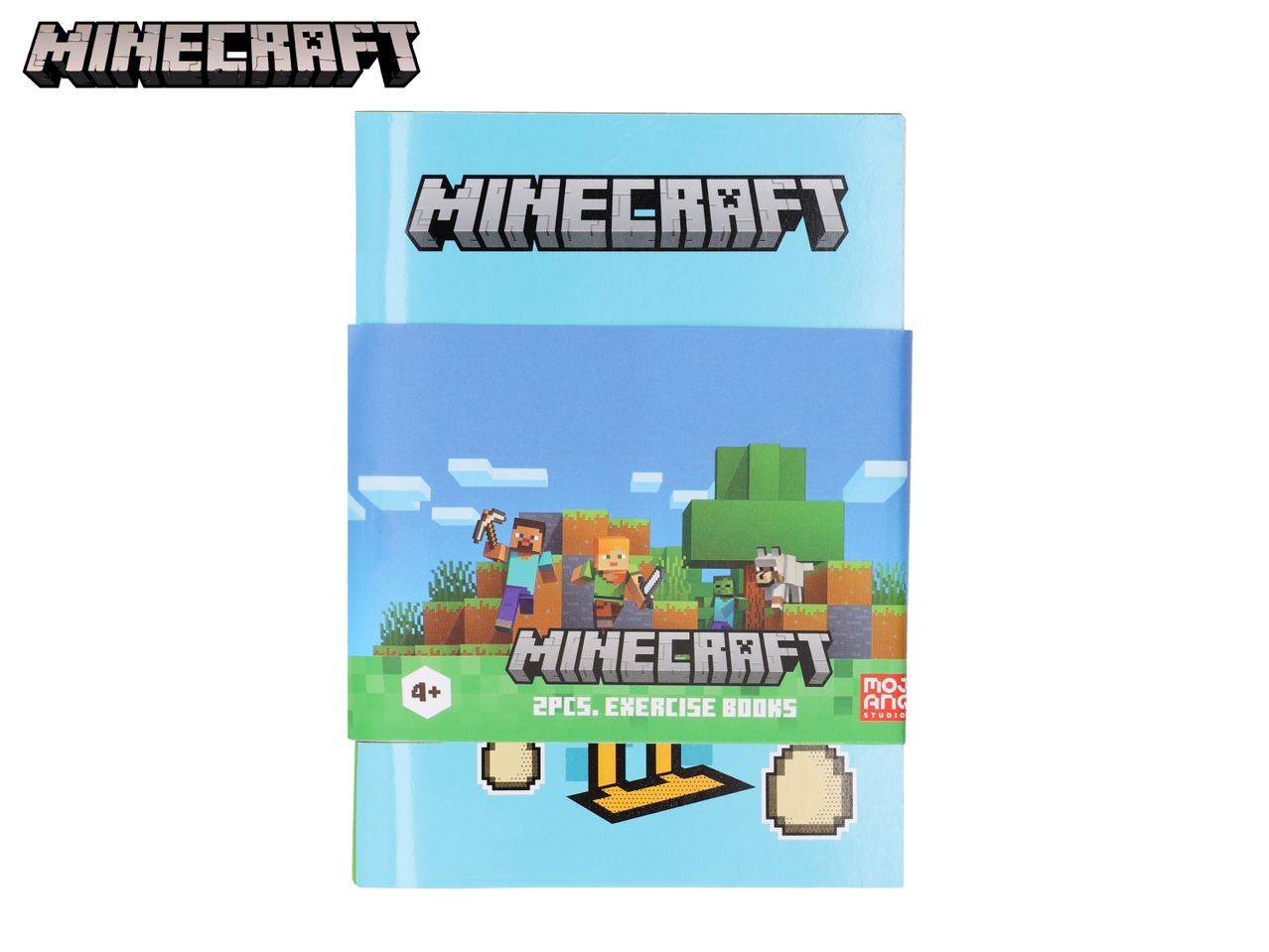Minecraft exercise books featuring characters like Steve and Alex in a blocky landscape.