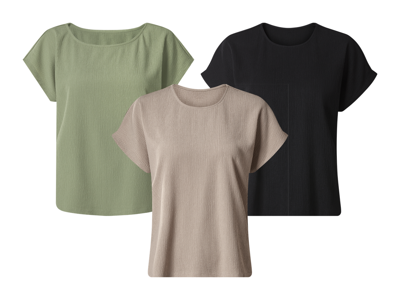 Tri ženske majice kratkih rukava u zelenoj, bež i crnoj boji, s naboranom teksturom.