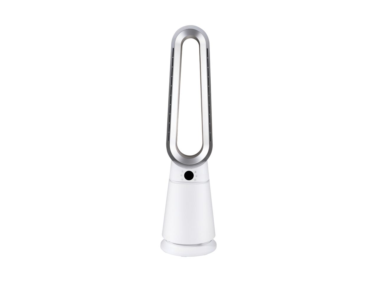 White and silver bladeless tower fan with a digital display