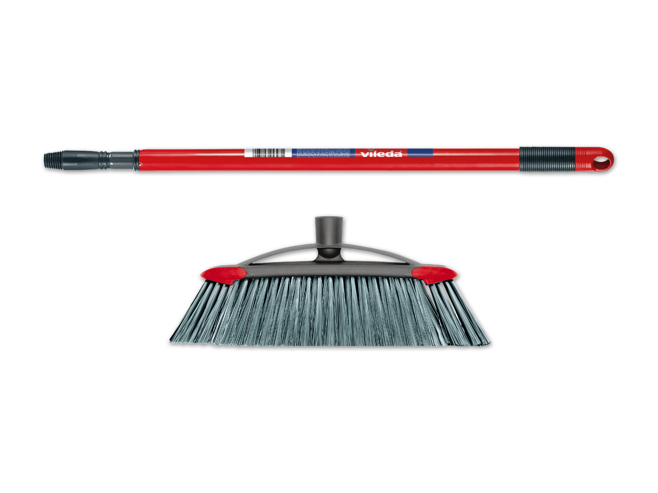 Roter Vileda Besenstiel und Besenkopf mit grauen Borsten