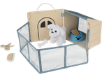 Playtive Wooden Pet Sets: a doghouse with a plush dog, bone, food bowl, scissors, and comb.