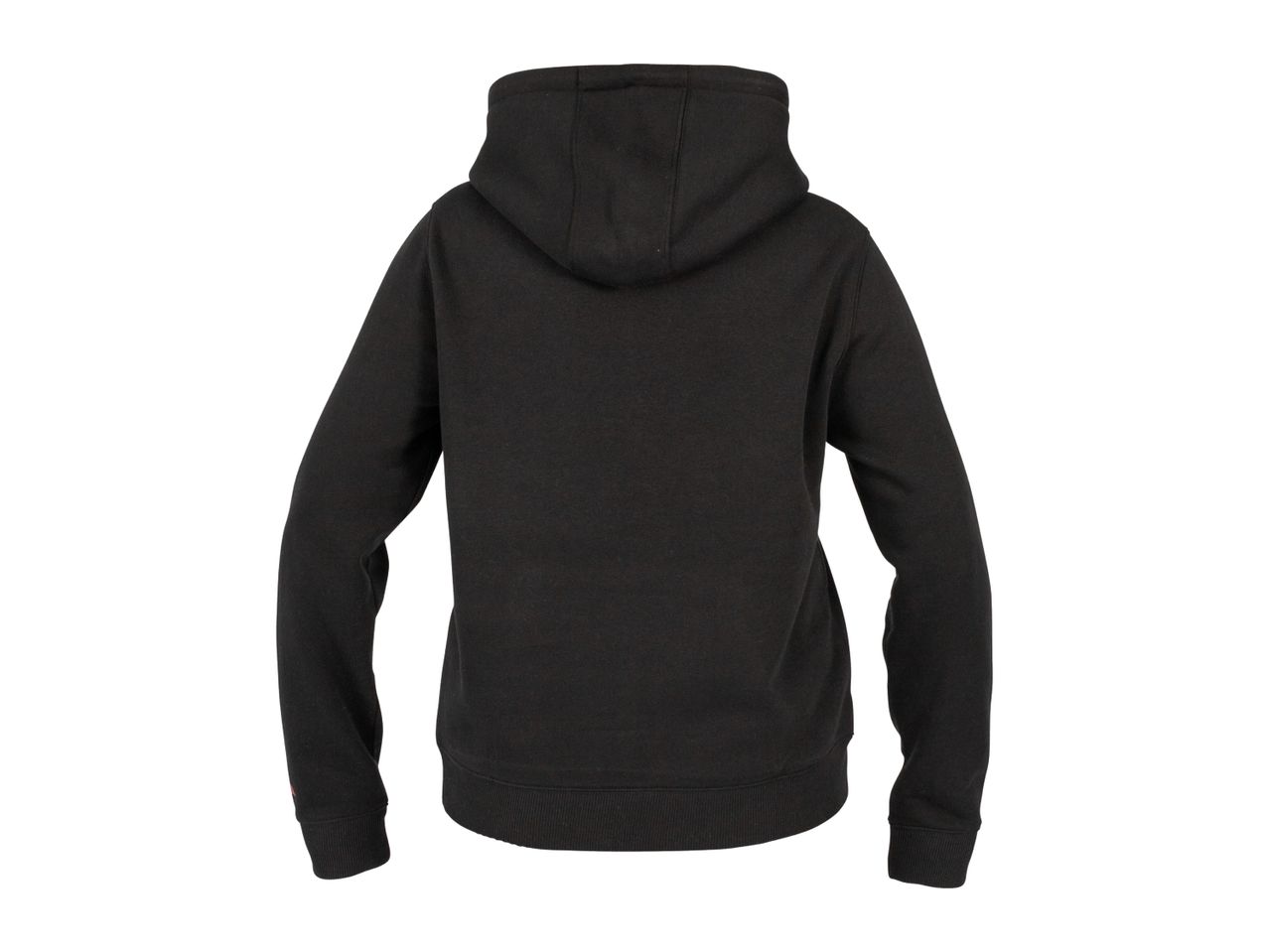 Back view of a plain black hoodie with a hood and long sleeves