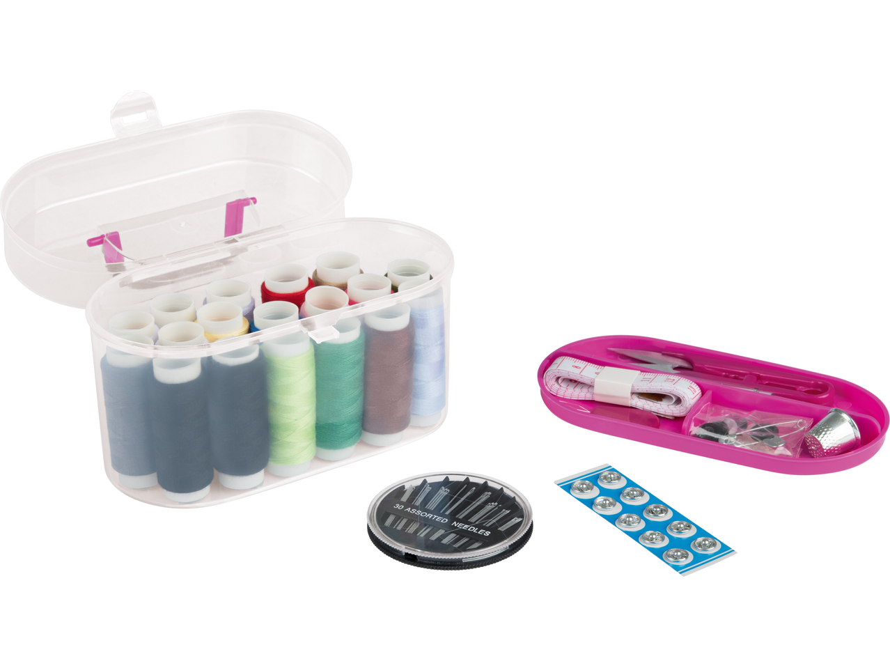 Sewing kit with thread spools, needles, buttons, and accessories.