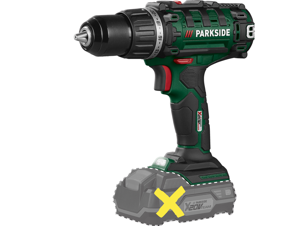 Parkside X20V Team Cordless Drill Driver with battery, with a cross on the battery to indicate that it is not included.