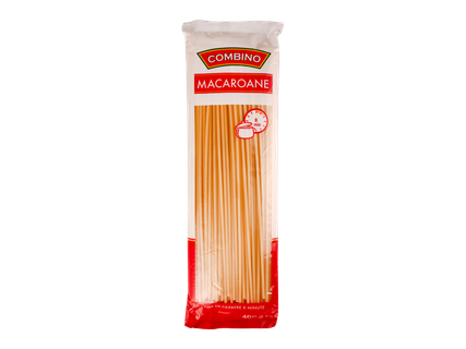 Pachet de paste COMBINO Macaroane, arătând bețișoare lungi de paste și timp de fierbere de 8 minute.
