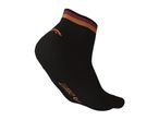 A Crivit cycling sock with orange and maroon stripes at the top and a logo.