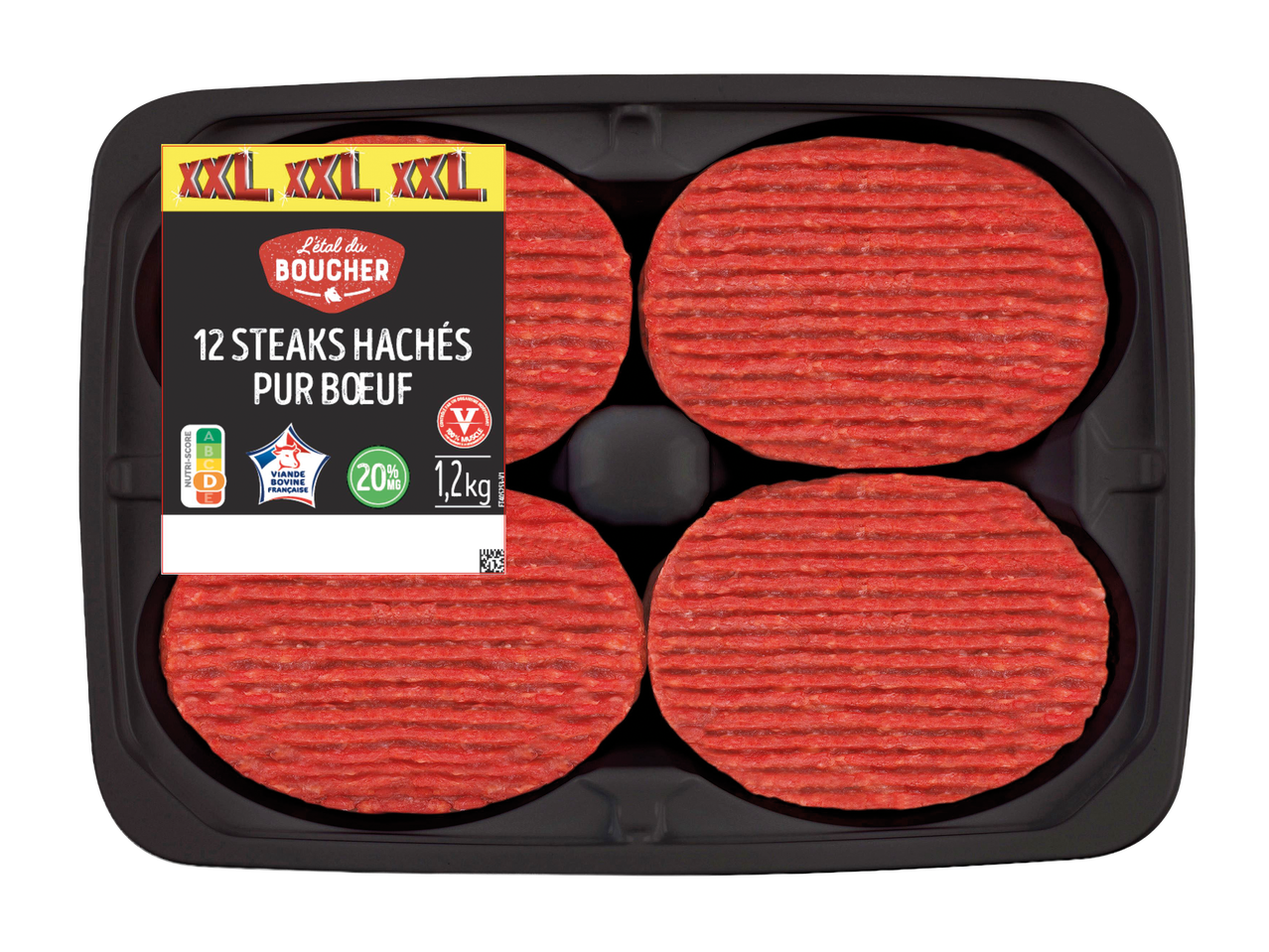 12 steaks hachés pur bœuf de 1,2 kg, avec Nutri-Score D et 20% de matière grasse.
