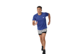 Man running in a blue short-sleeved athletic top and grey athletic shorts with black compression shorts.