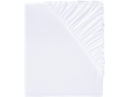 A white fitted sheet with a ruffled edge is shown.