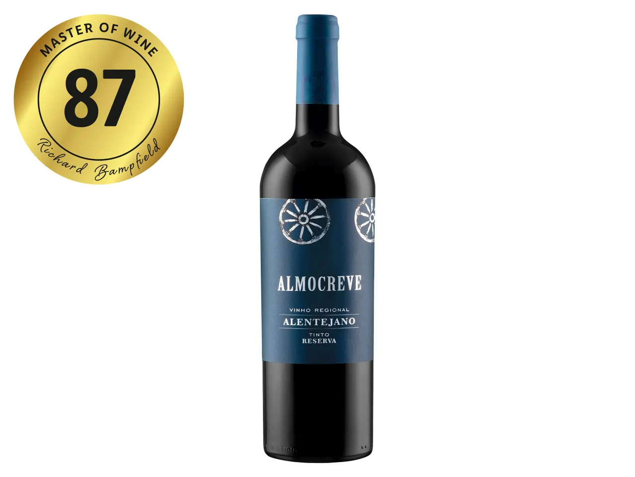 Almocreva Alentejano Tinto Reserva wine bottle with a gold Master of Wine 87-point rating.