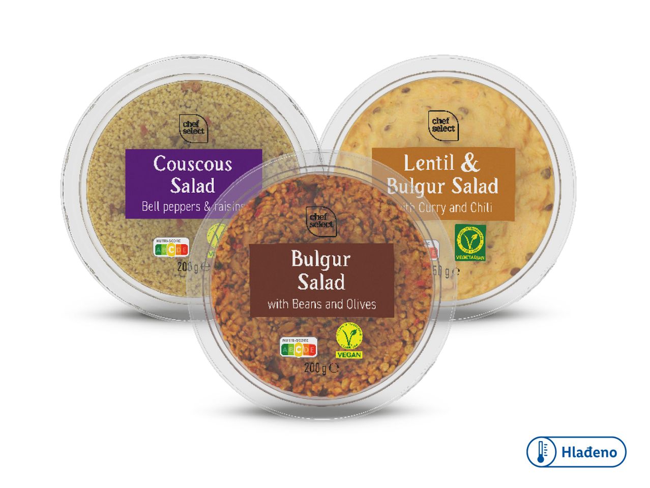 Tri pakiranja salata Chef Select: kus-kus, bulgur i leća s bulgurom.