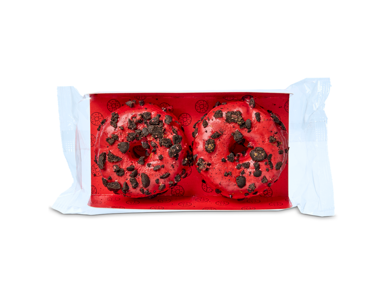 Twee rode cronuts met koekkruimels in een wit-rode verpakking.