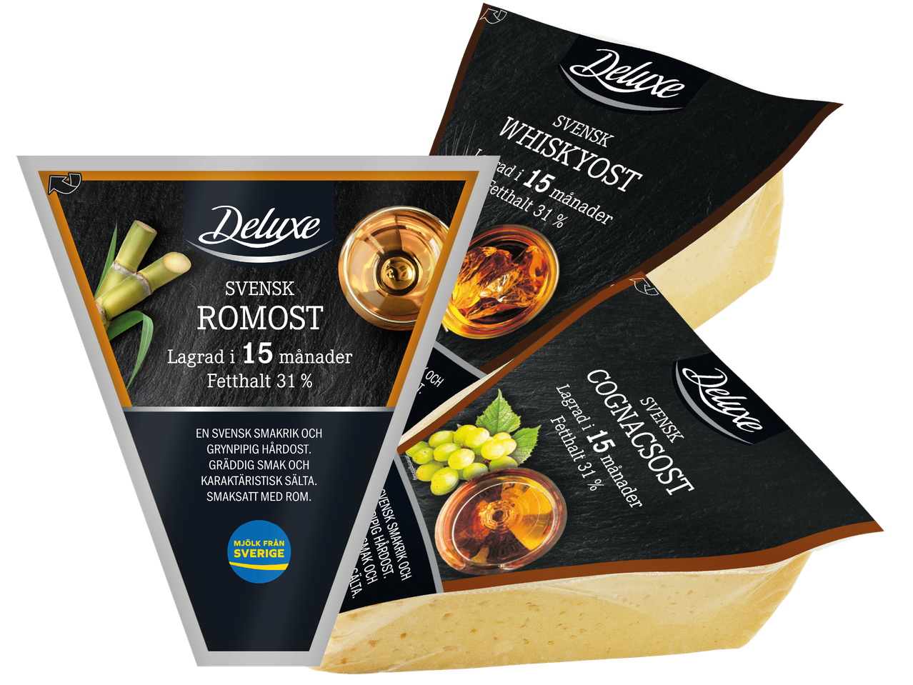 Tre förpackningar med svensk romost, whiskyost och cognacost, lagrade i 15 månader med 31% fetthalt.