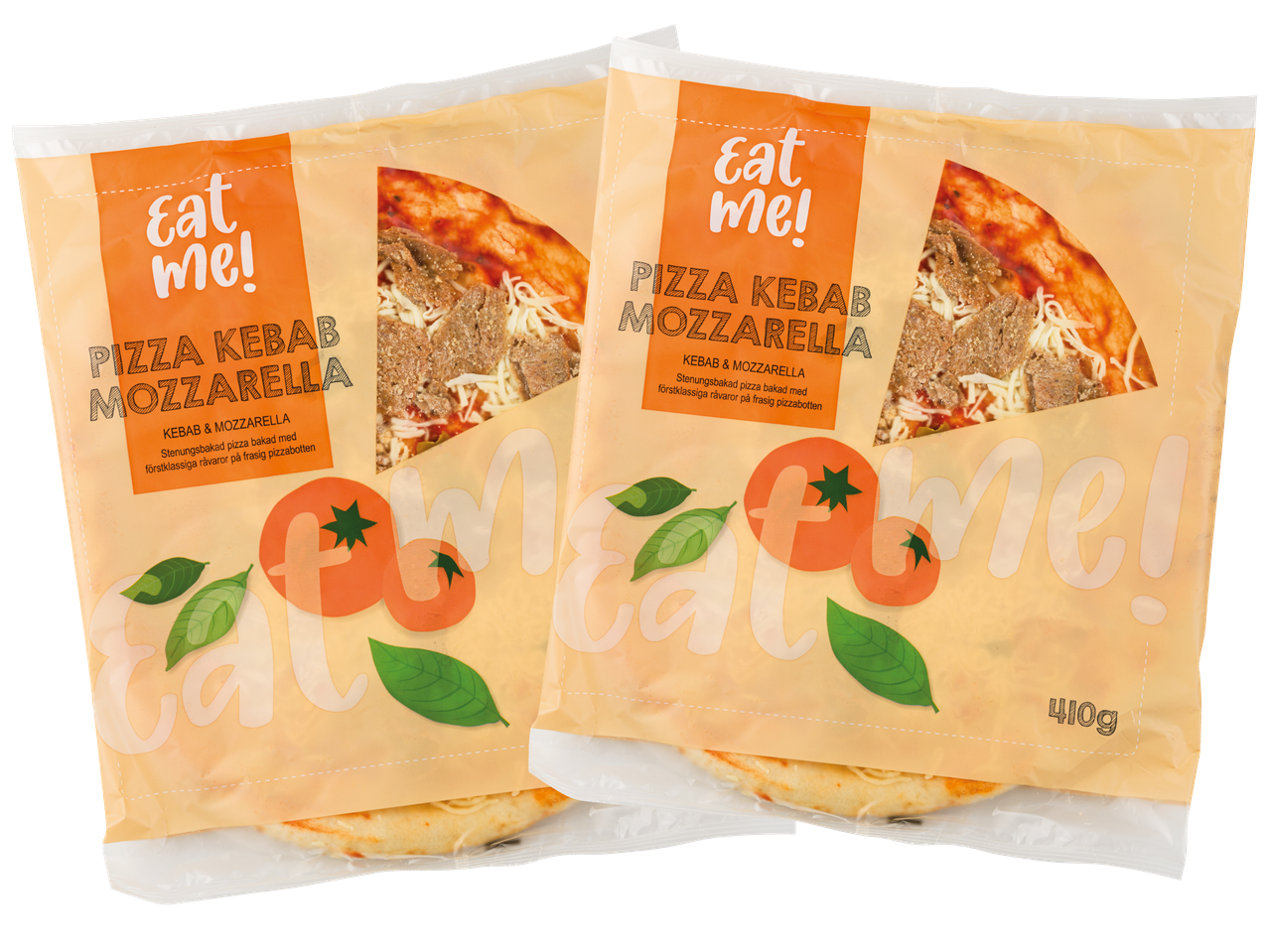 Två förpackningar med Eat Me! Pizza Kebab Mozzarella.