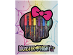 Monster High kaukolės formos dėžutė su rožiniu kaspinu, kurioje yra spalvingi žymekliai.