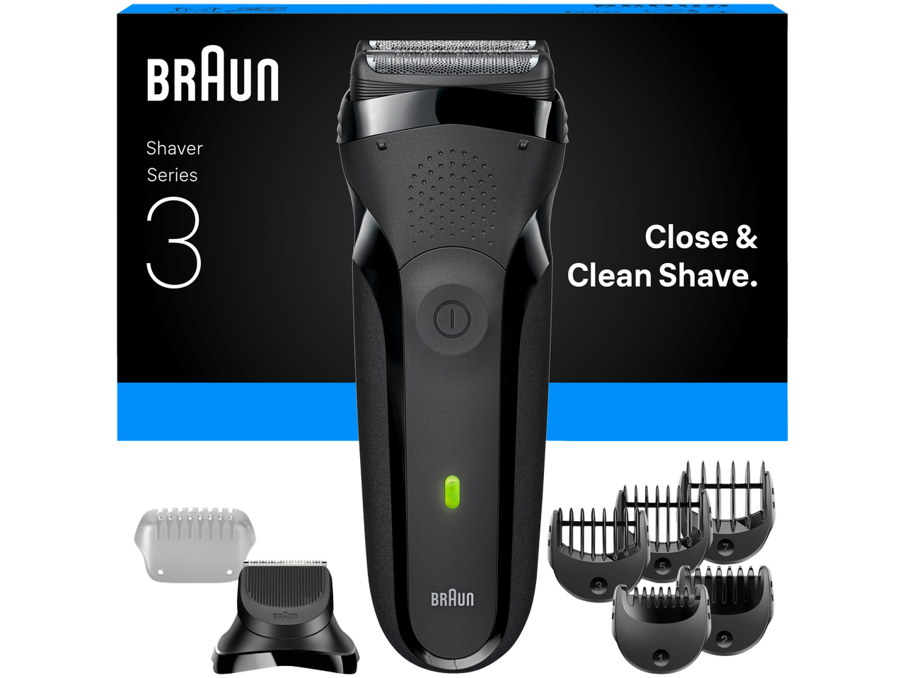 Braun Series 3 300BT scheerapparaat met baardtrimmeropzetstukken.