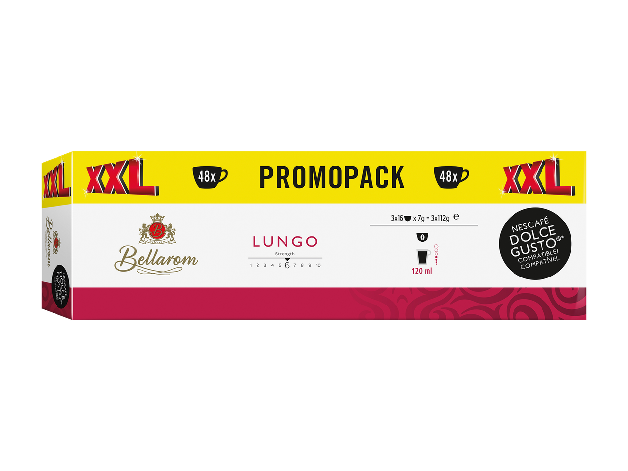 Cápsulas de café Bellarom Lungo, 48 unidades, em pacote promocional compatível com Nescafé Dolce Gusto.