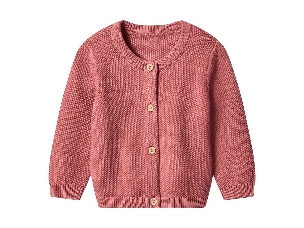 Pink knitted baby cardigan with wooden buttons
