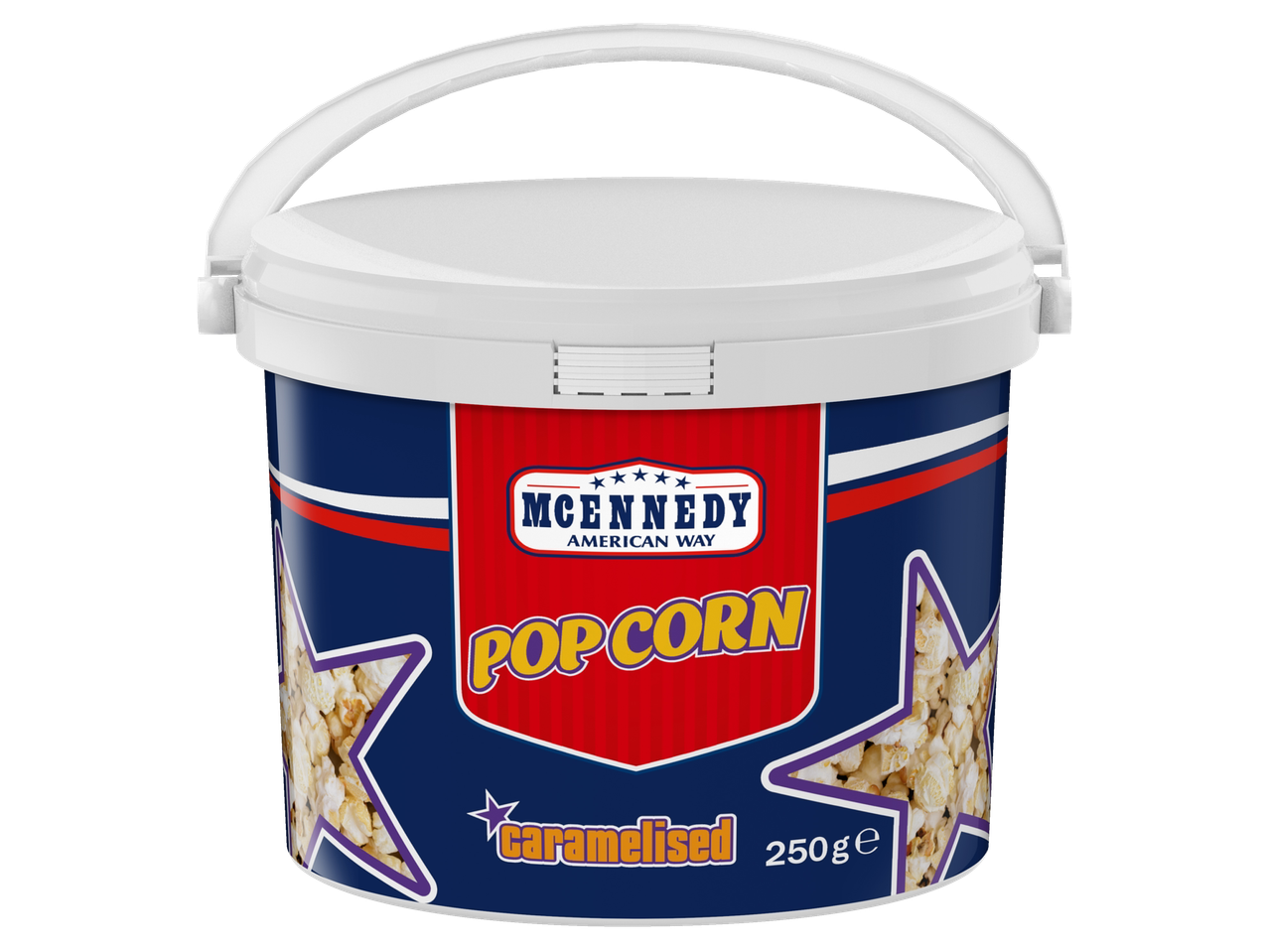 McEnnedy Sweet Popcorn in a blue and red bucket, with 'Caramelised 250g e' text.