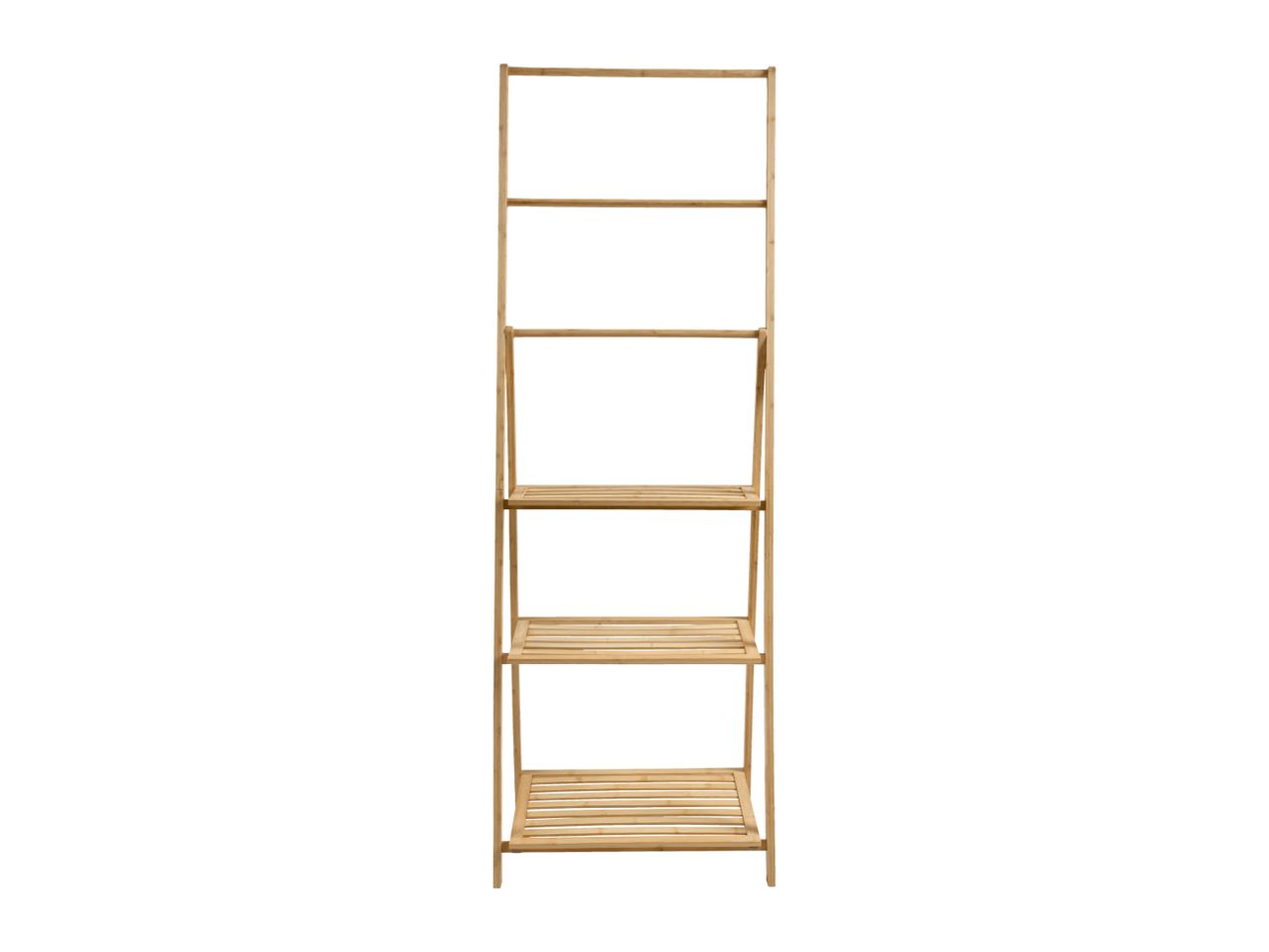 Tall, light wood, five-tier ladder shelf with slatted shelves.