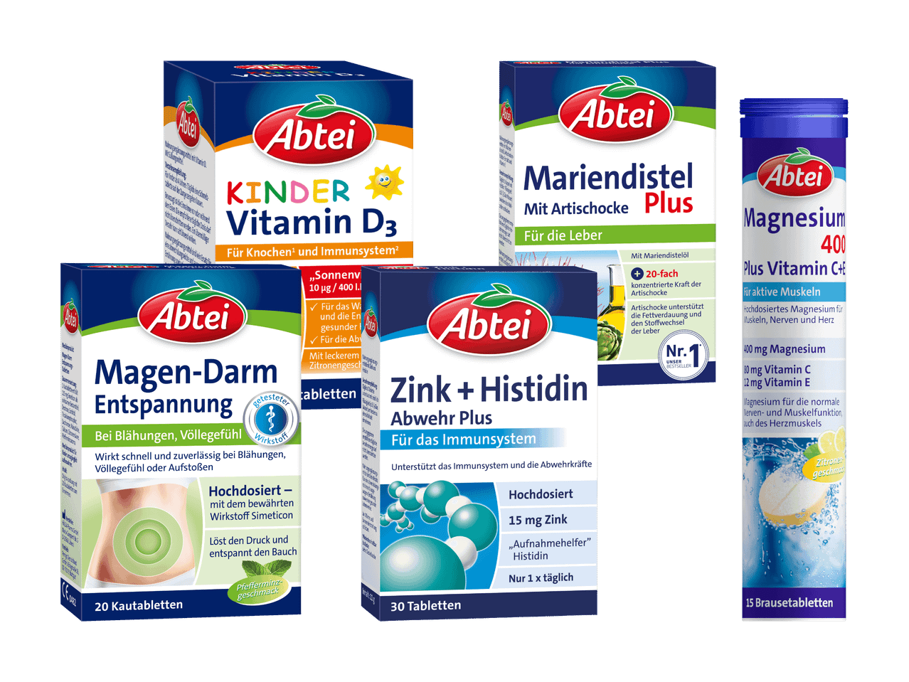 Abtei Nahrungsergänzungsmittel: Kinder-Vitamine, Magnesium, Zink & Histidin, Mariendistel.
