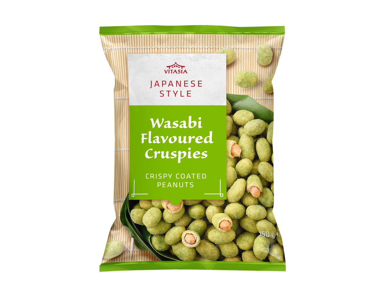 Vitasia Japanse stijl Wasabi Flavoured Crispies: Knapperige gecoate pinda's in een zak.
