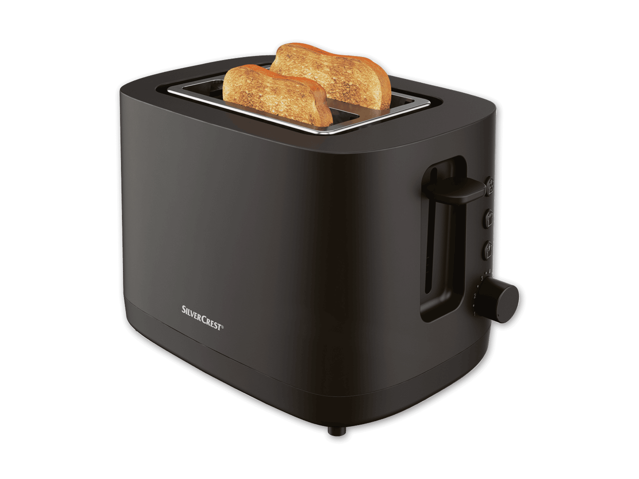 Ein schwarzer SilverCrest-Toaster mit zwei goldbraun getoasteten Brotscheiben.