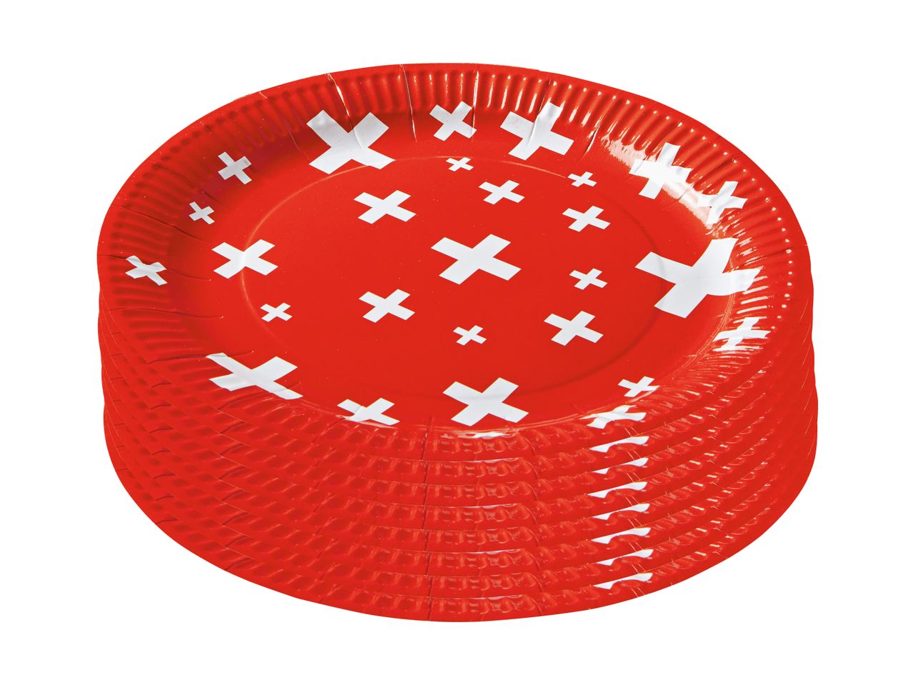 Stapel rote Pappteller mit weißen Kreuz-Motiven.