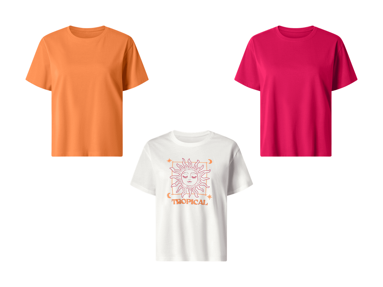 Trois t-shirts : un orange, un fuchsia et un blanc avec l'imprimé « TROPICAL ».